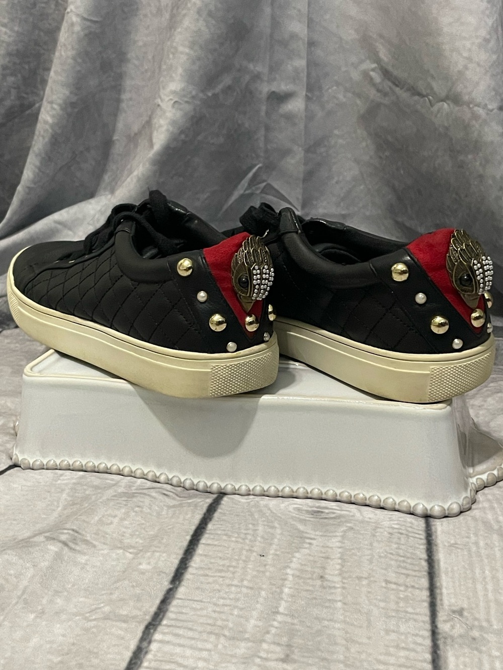 Kurt Geiger Black Quilted Sneakers with Red Heel and Gold Studs